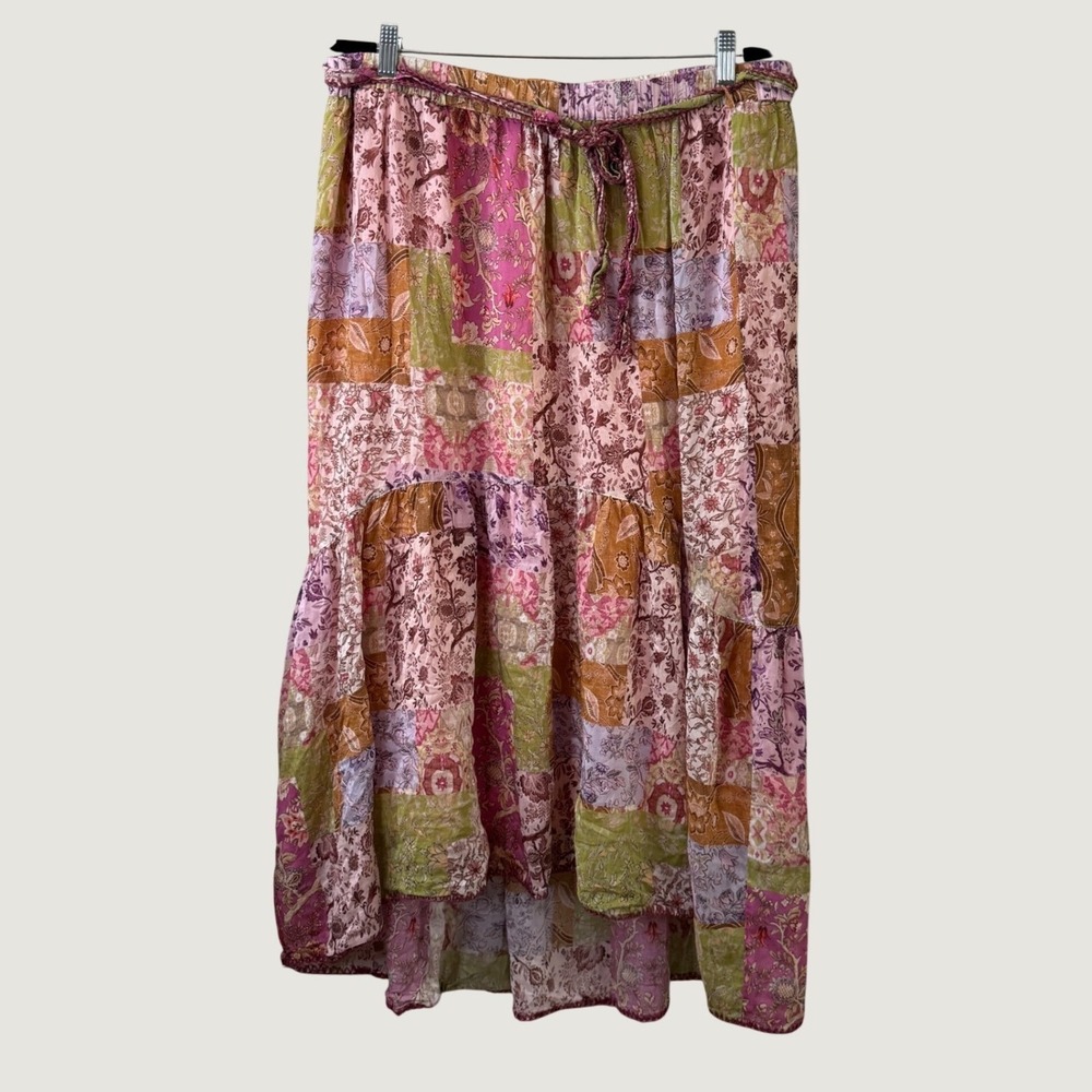 Johnny Was Multicolor Floral Maxi Long Skirt Pull On Patchwork XL Silk Blend